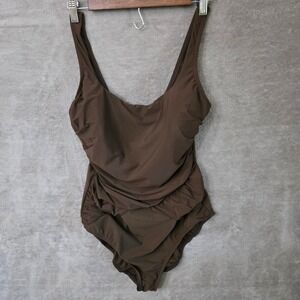 Lands End One Piece Swimsuit Women 16 Brown Ruched Tummy Control Shaping Swim